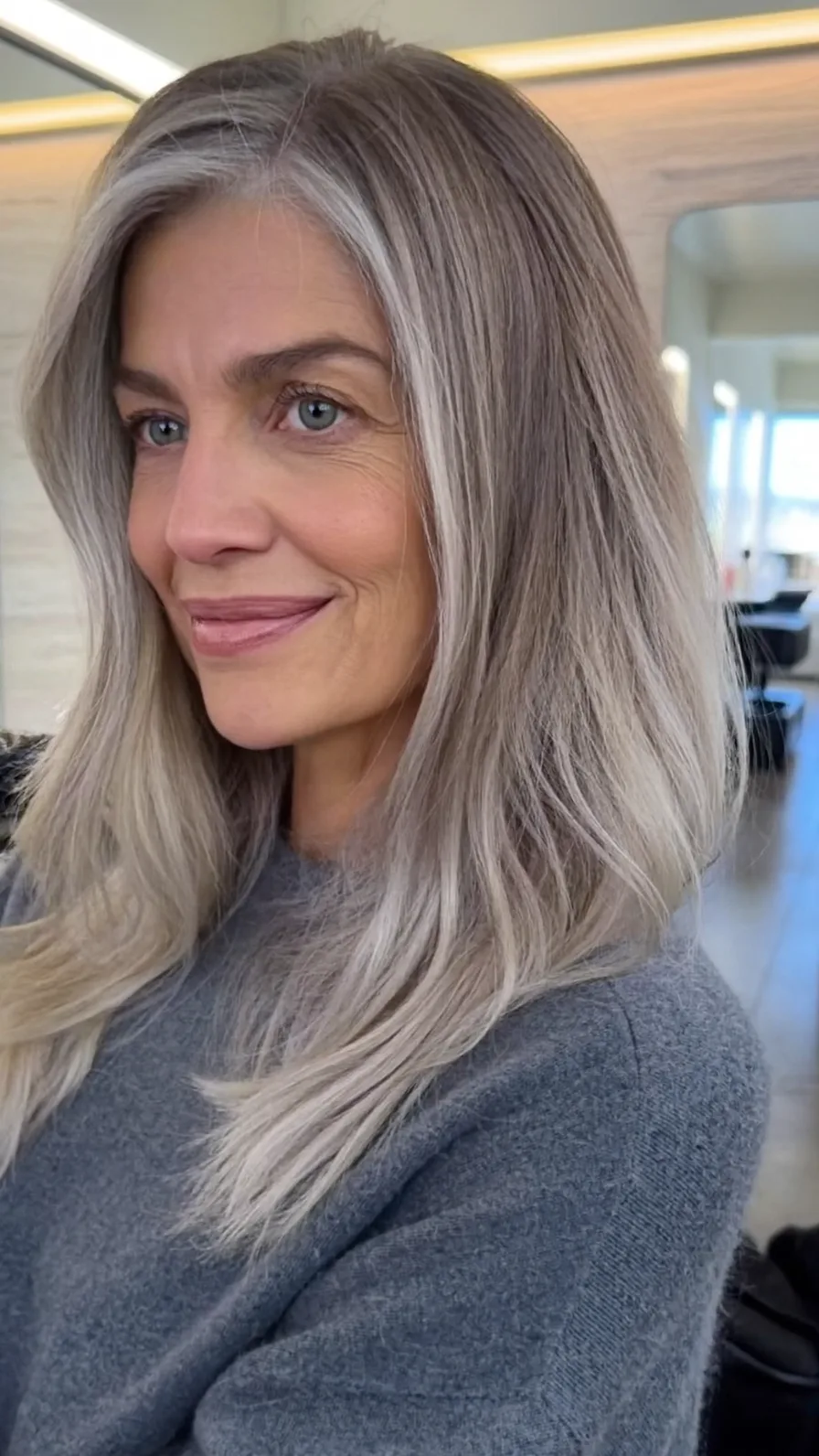 Elegant Long Layered Hair with Cool Ash Gray Highlights