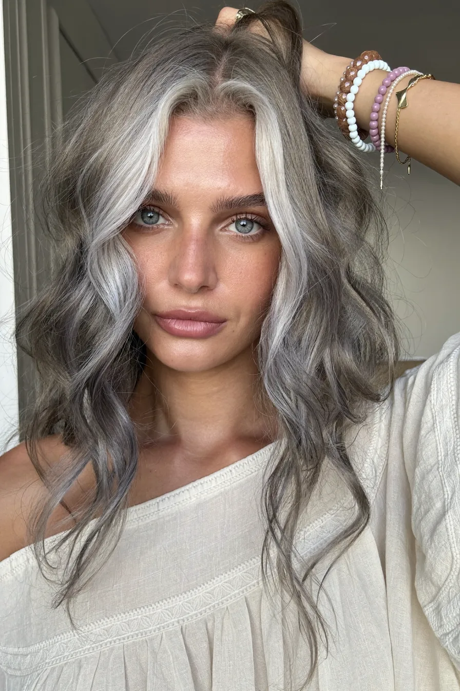 Modern Layered Lob with Silver Ash Gray and Platinum Blonde Money-Pieces