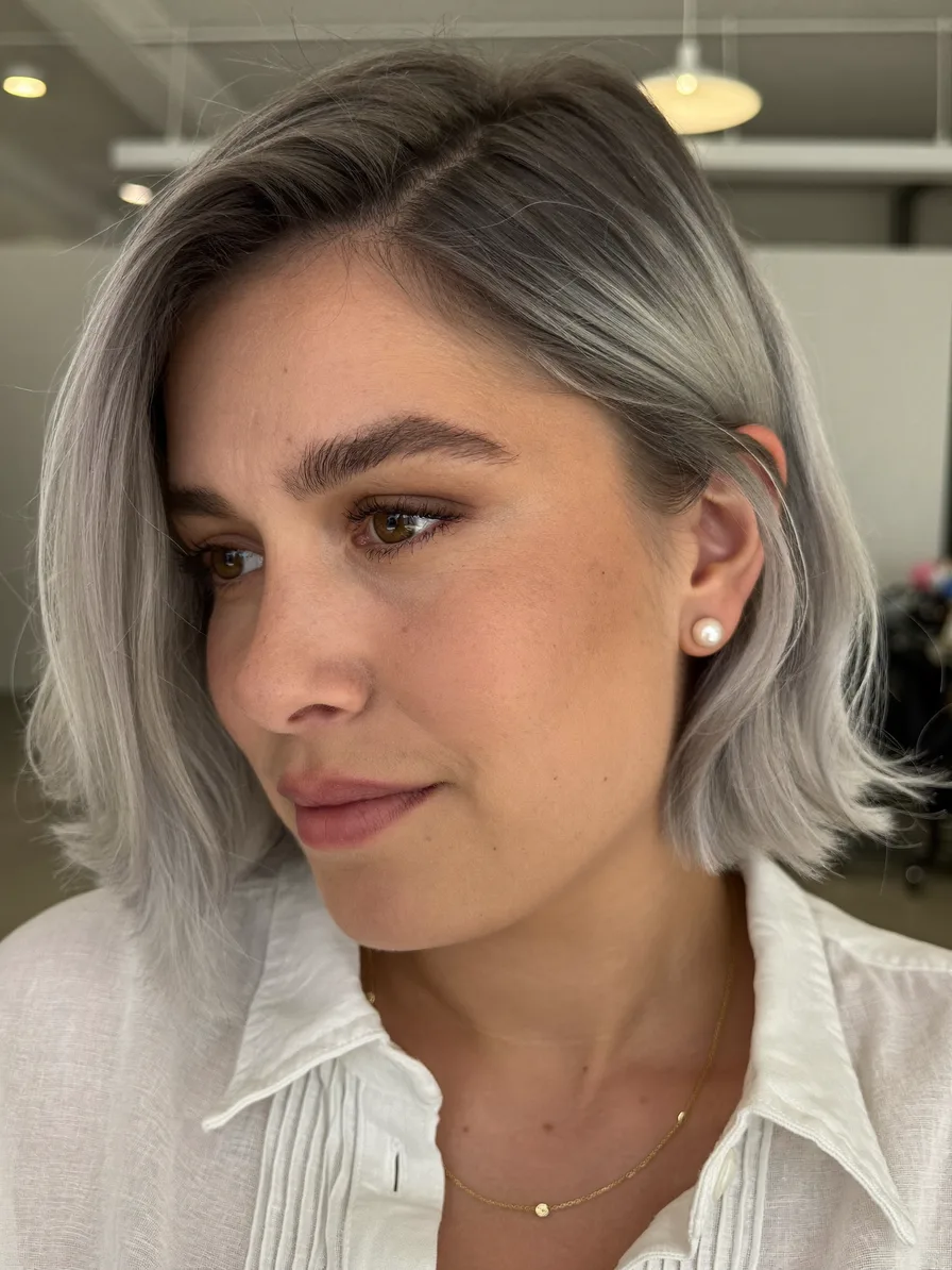 Chic Ash Gray Blunt Bob with Side Part and Defined Ends