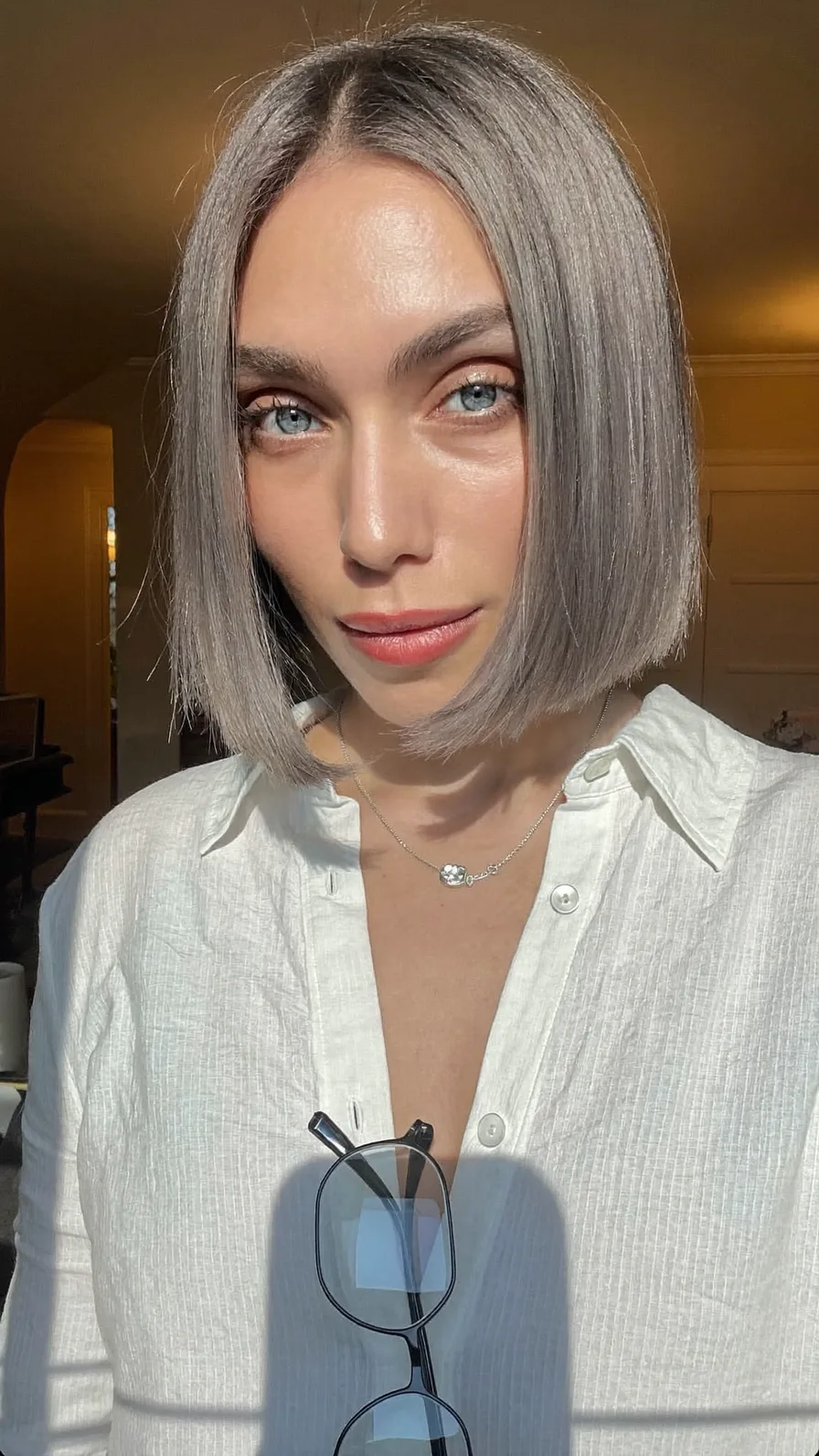 Sleek Chin-Length Cool Ash Gray Blunt Cut Bob