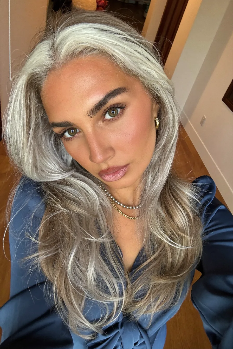 Voluminous Platinum Silver Long Layered Wavy Hair