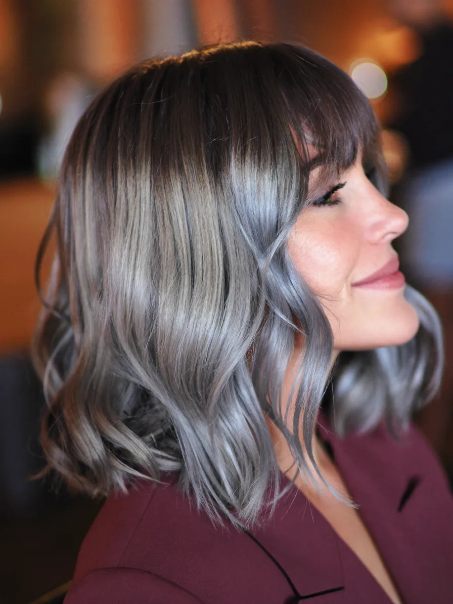 Modern Ash Gray Shoulder-Length Lob with Blunt Bangs