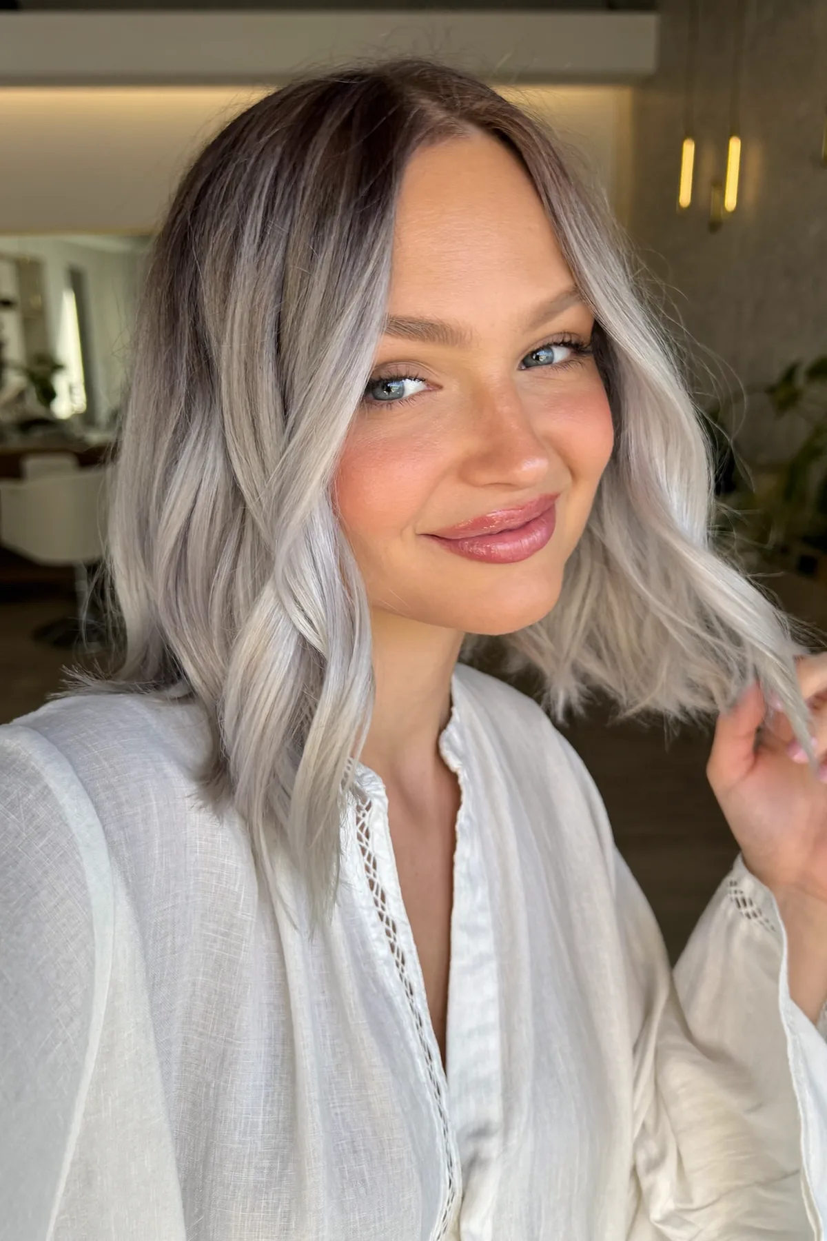 Modern Ash Silver Lob (Long Bob) with Soft Face-Framing Layers