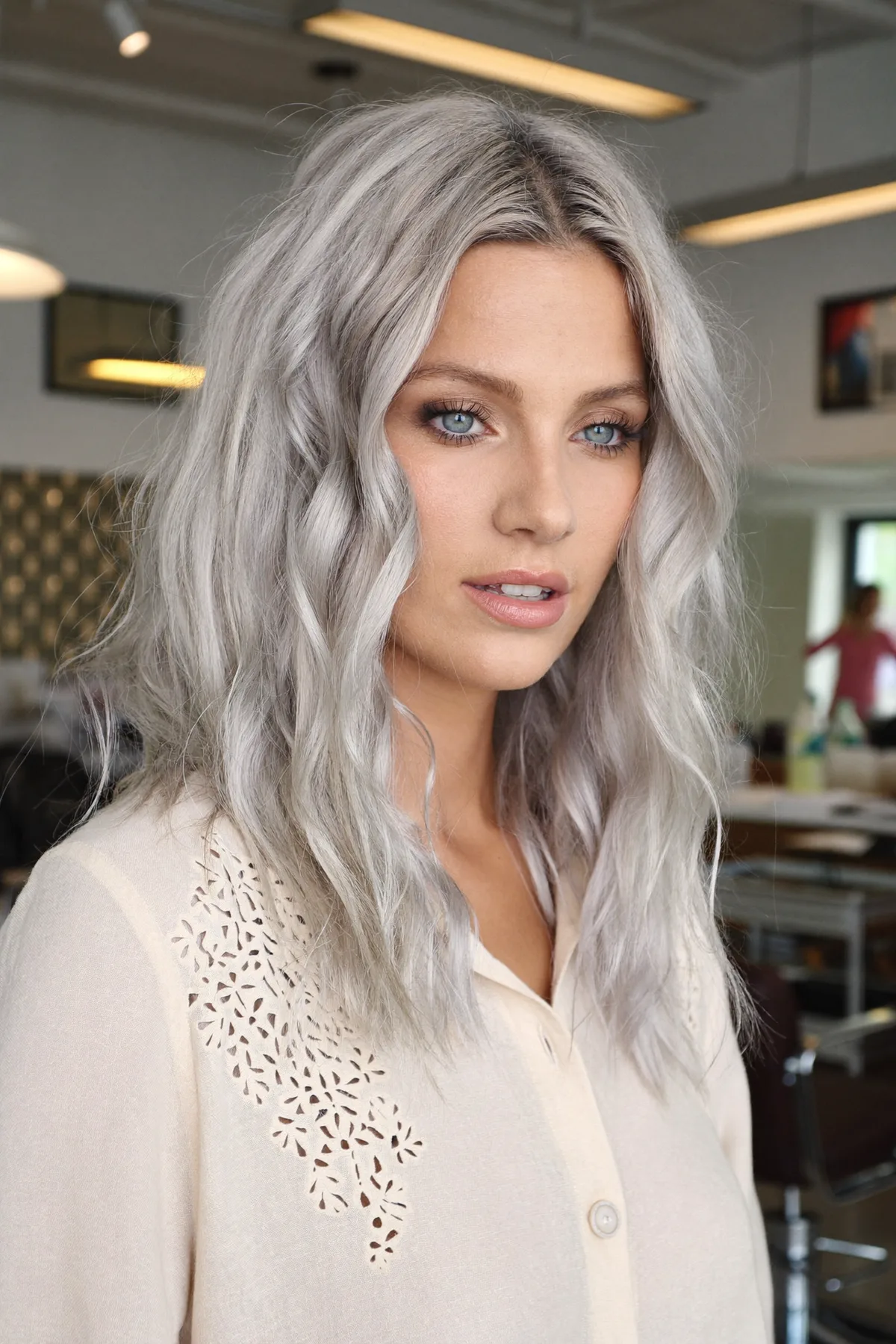 Modern Ash Silver Long Layers with Textured Waves for Dimension
