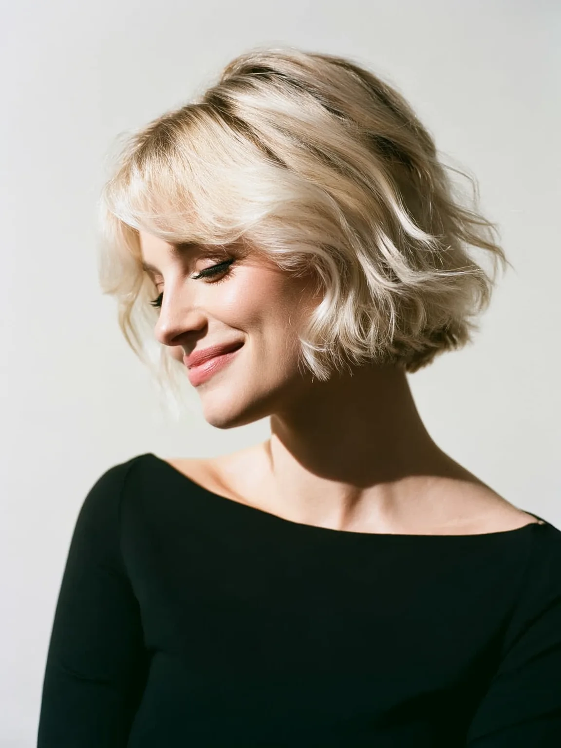 Chin-Length Wavy Platinum Blonde Bob with Wispy Bangs