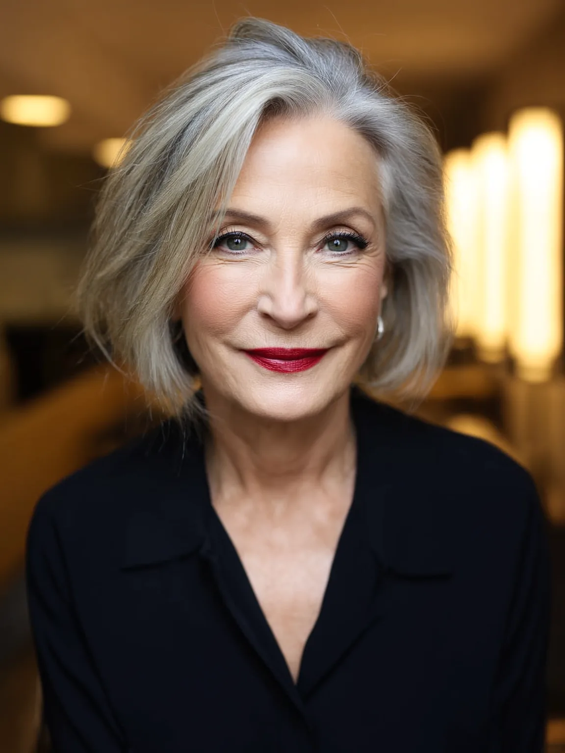 Chin-Length Silver Gray Bob with Side-Swept Bangs
