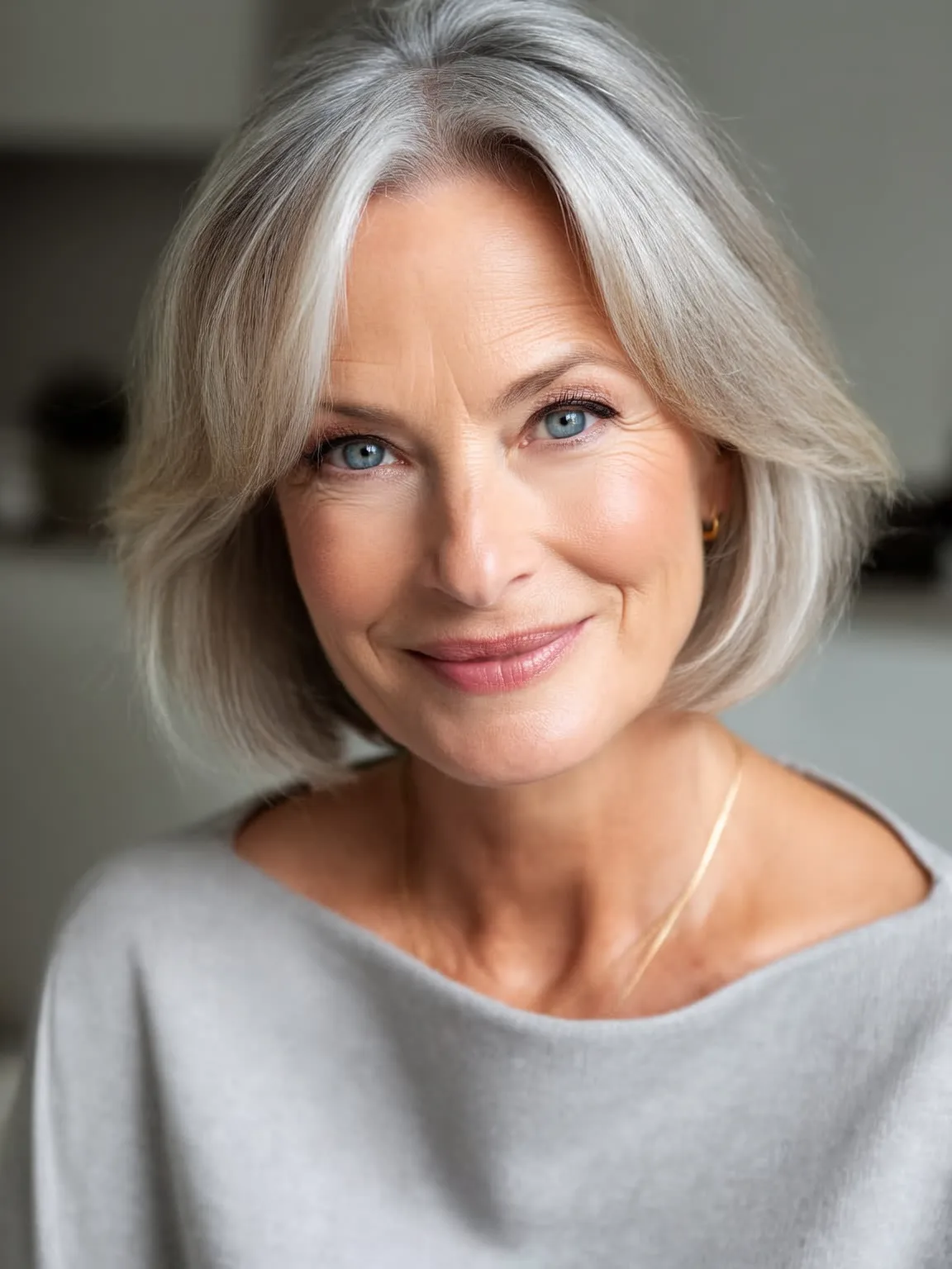 Chin-Length Sleek Silver Frost Bob with Side Bangs