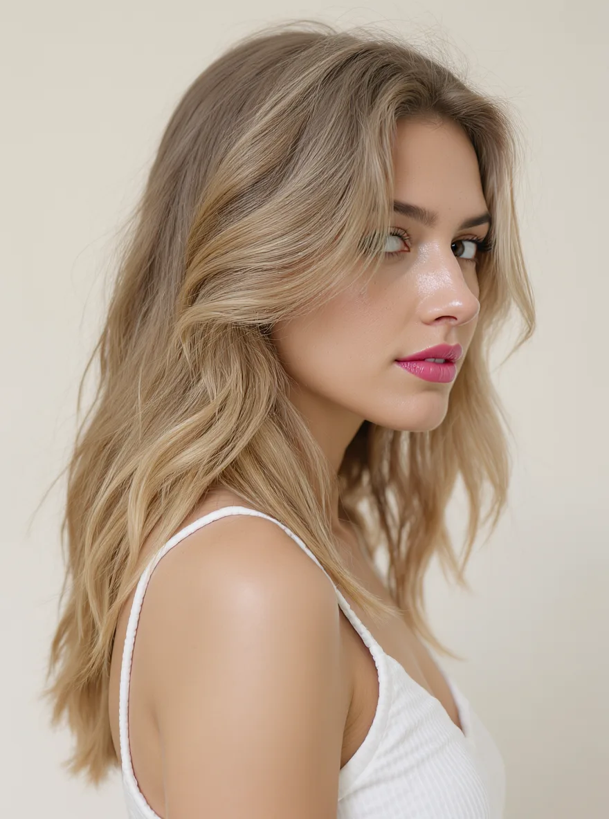 Medium-Length Wavy Lob with Curtain Bangs in Sandy Blonde