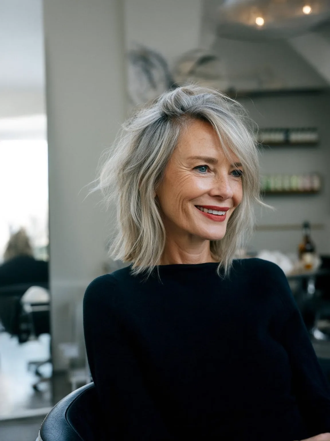 Silver Frost Wavy Lob with Side-Swept Bangs