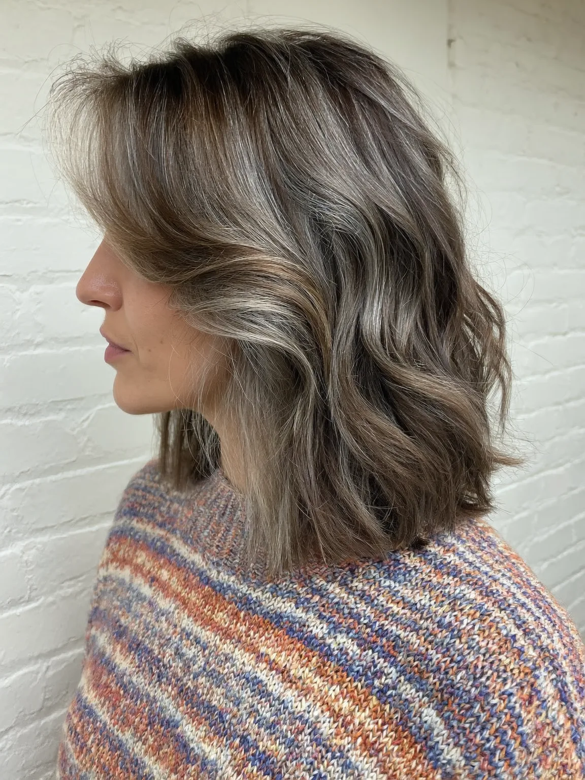 Ash Bronde Wavy Lob with Side-Swept Bangs