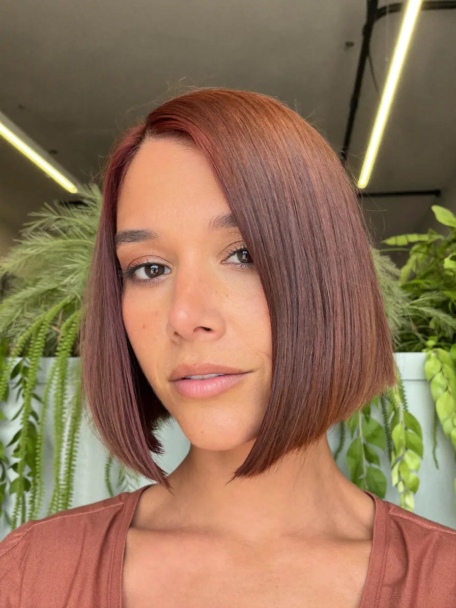 Sleek Copper Auburn Chin-Length Blunt Bob Hairstyle