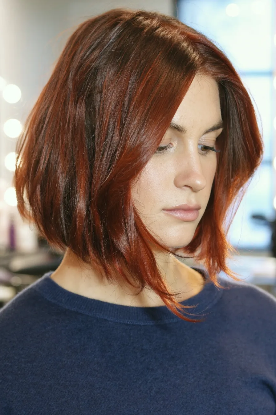 Chin-Length Deep Auburn Bob with Rounded Ends