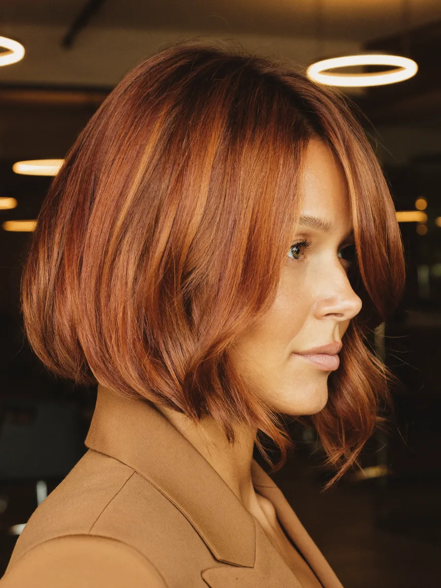 Sleek Chin-Length Copper Bob with Soft Side-Swept Bangs
