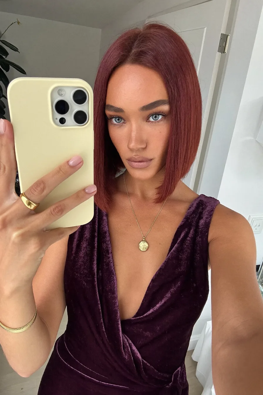 Sleek Chin-Length Blunt Bob with Deep Auburn Tone