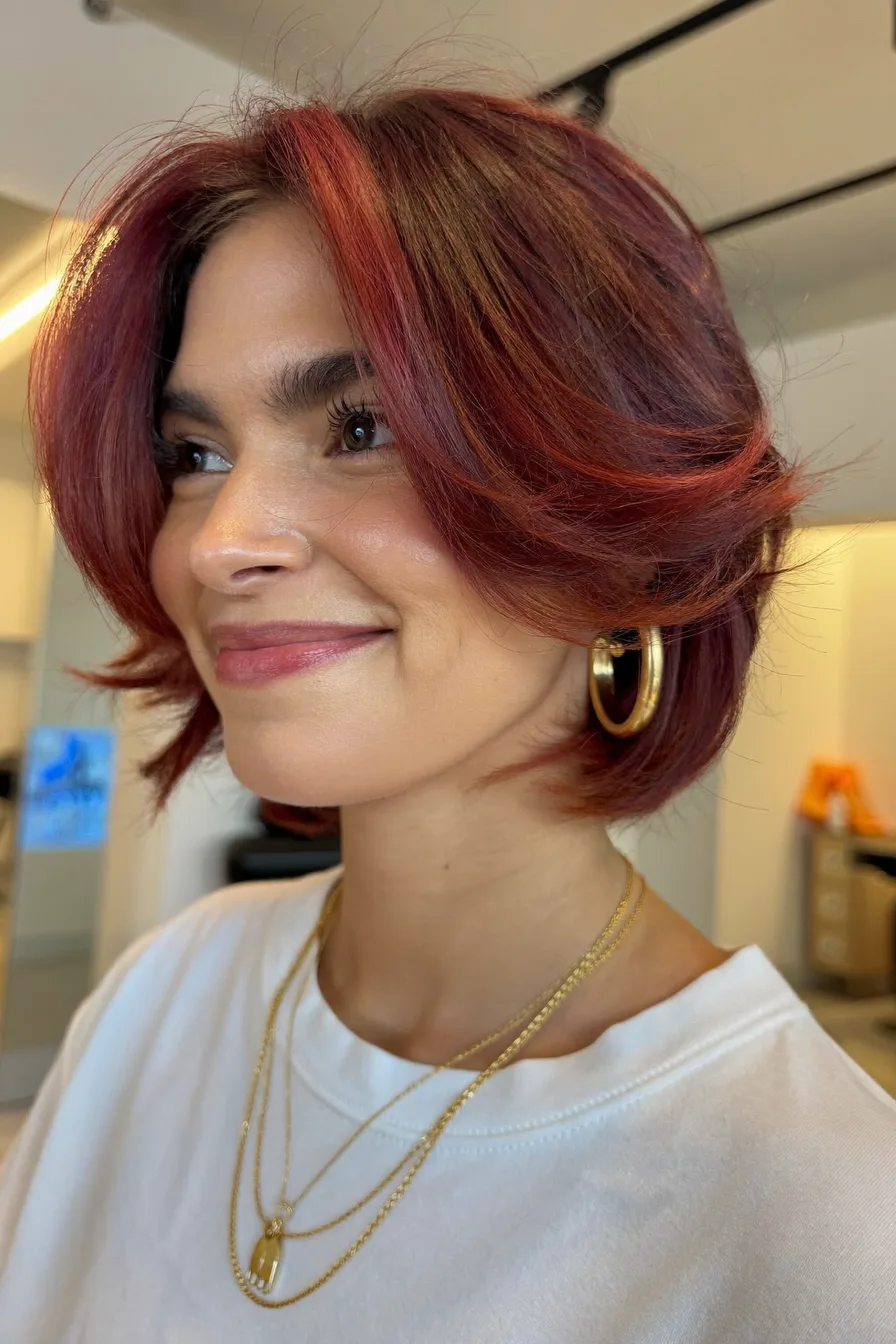Vibrant Feathered Layered Bob with Soft Curtain Bangs