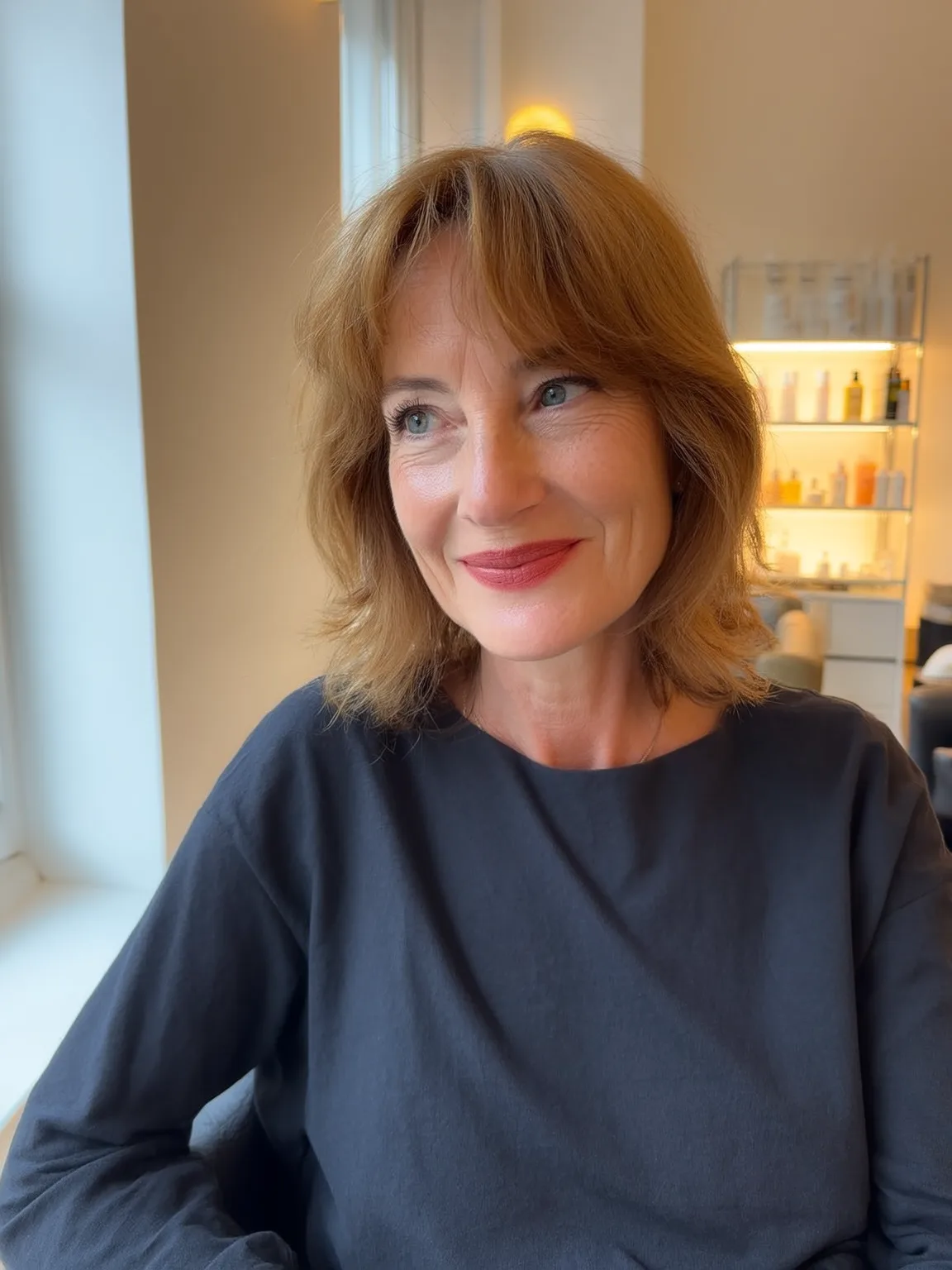 Chin-Length Wavy Lob with Copper Brown Curtain Bangs