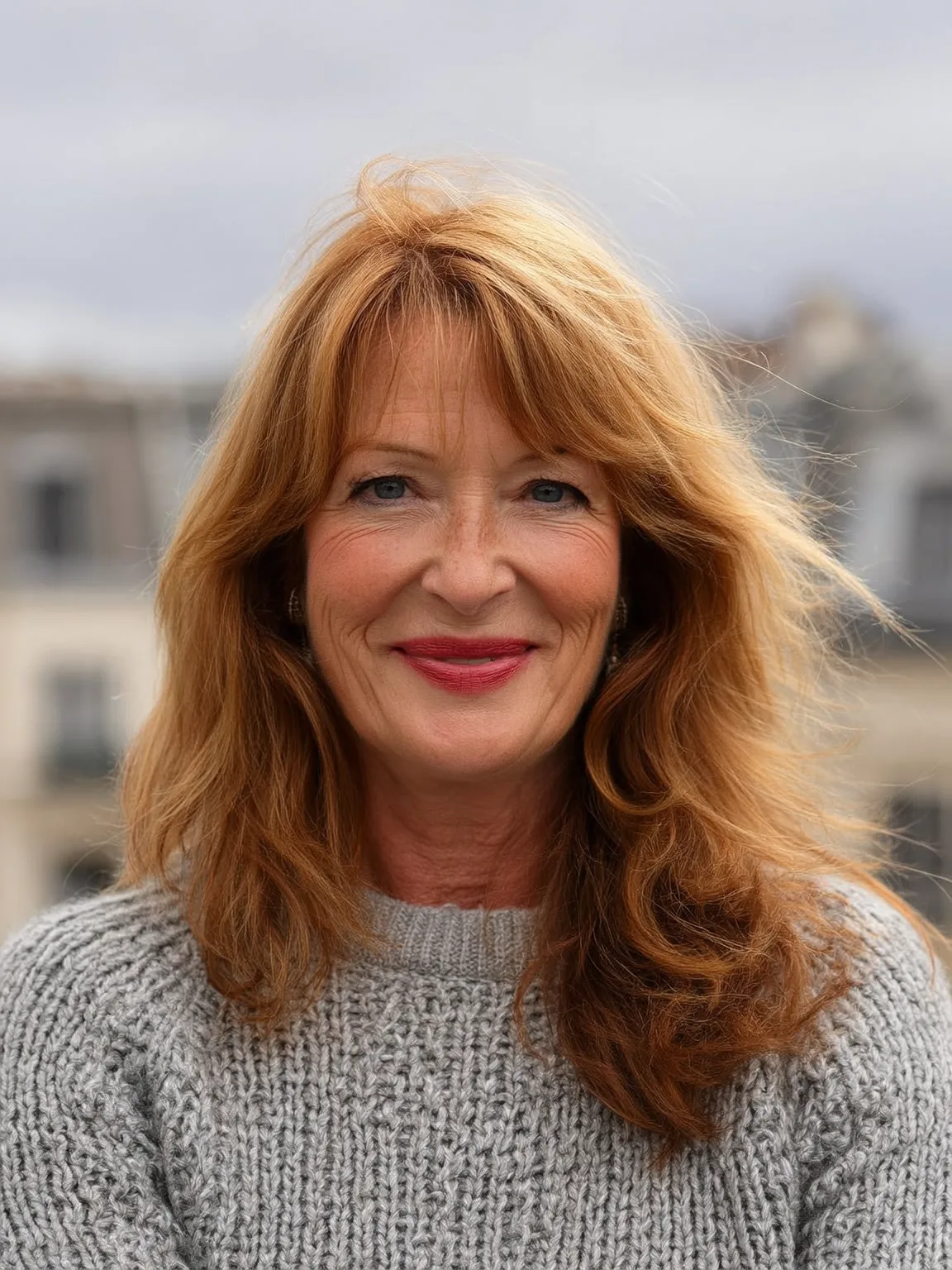 Medium Wavy Layers with Long Copper Red Bangs