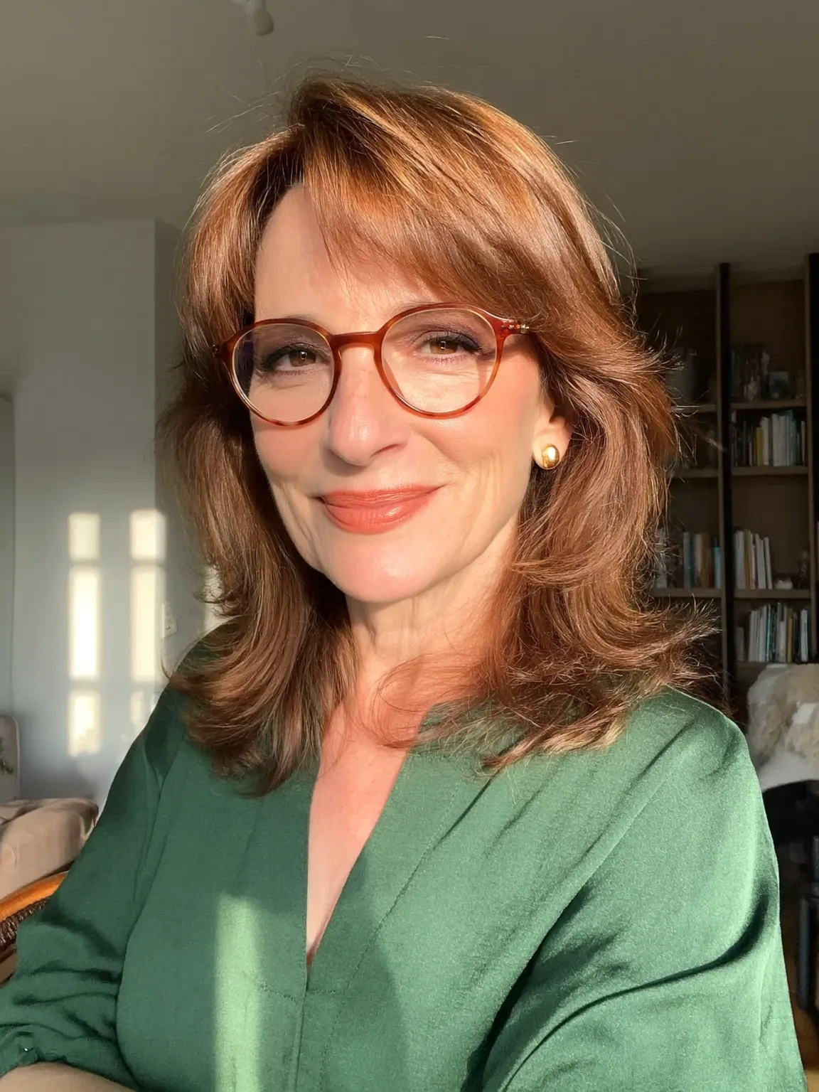 Medium Wavy Auburn Layers with Side-Swept Bangs