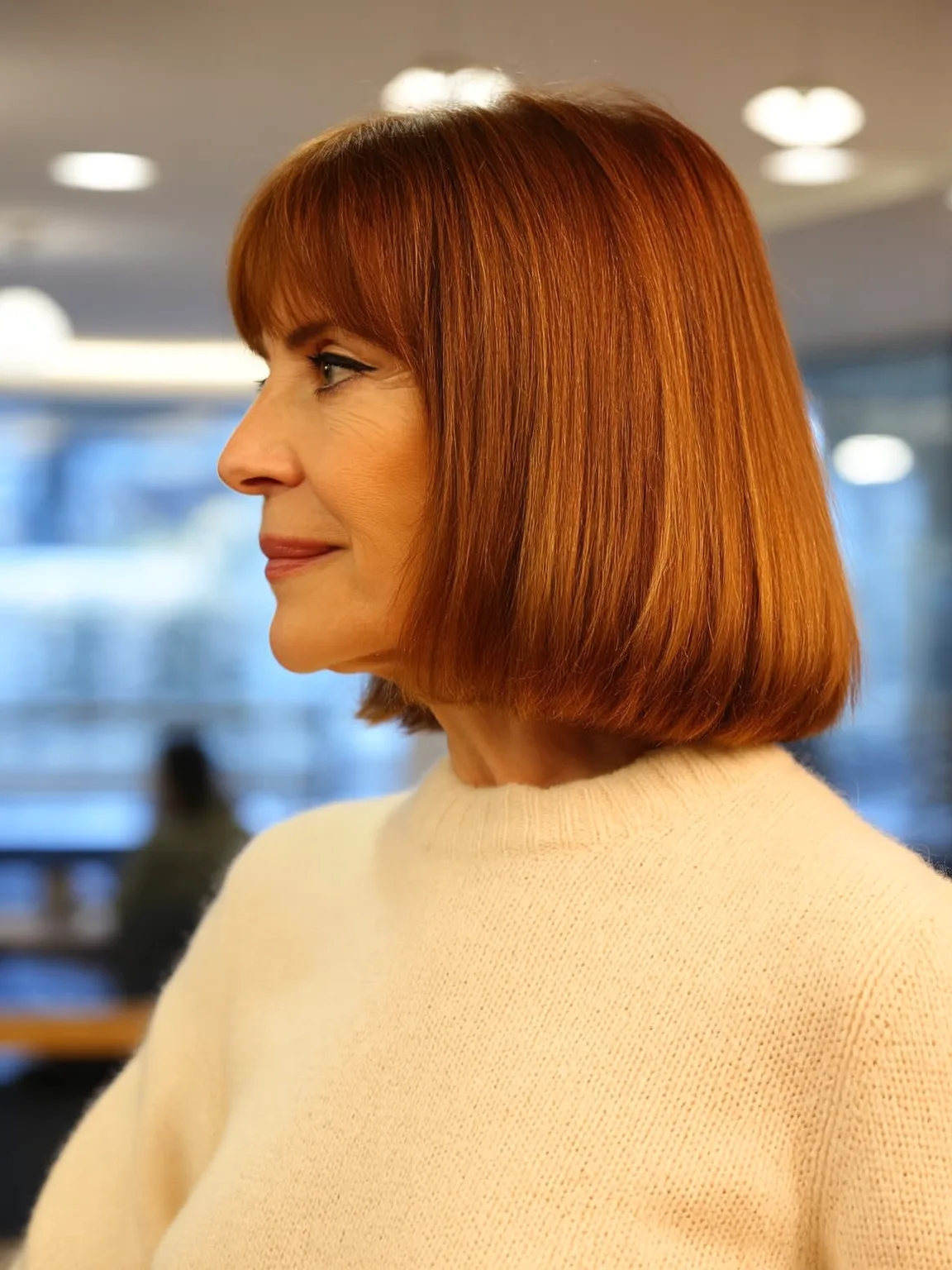Chin-Length Straight Bob with Copper Brown Blunt Bangs