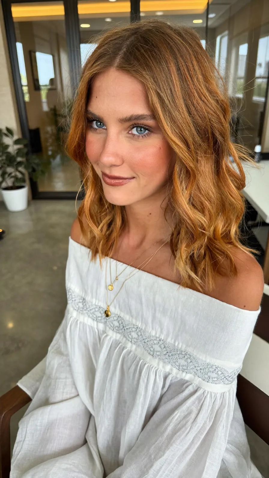 Shoulder-Length Auburn Balayage with Flowing Long Layers