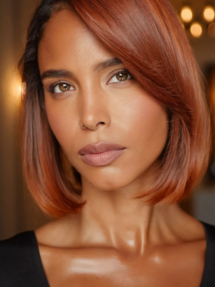 Chin-Length Warm Copper Blunt Bob with Side-Swept Bangs