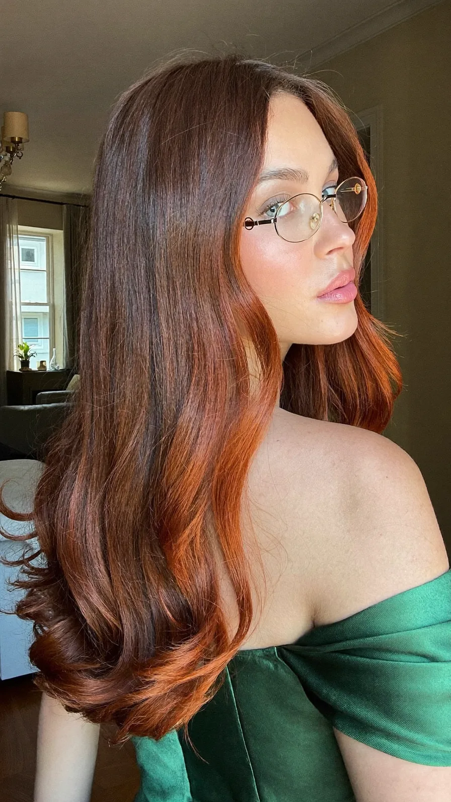 Modern Auburn Balayage with Flowing Long Layers and Curtain Bangs