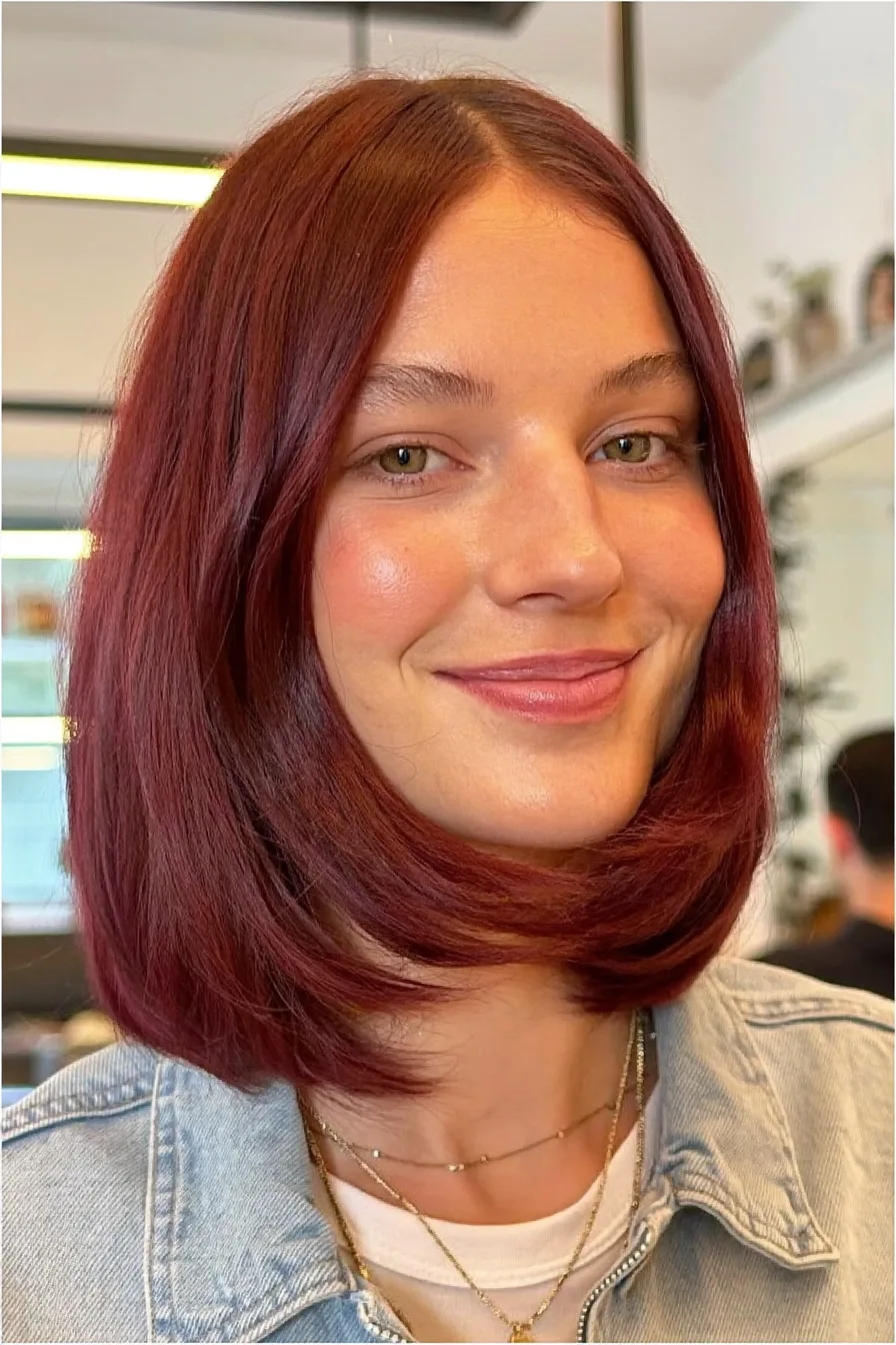 Classic Rounded Blunt Bob with Center Part and Rich Auburn Color