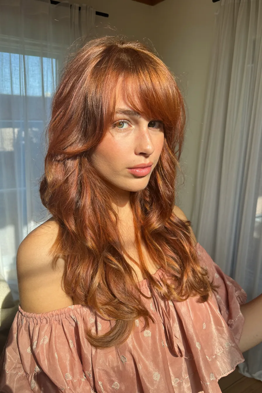 Modern Flowing Copper Auburn Long Layered Hairstyle with Side Bangs