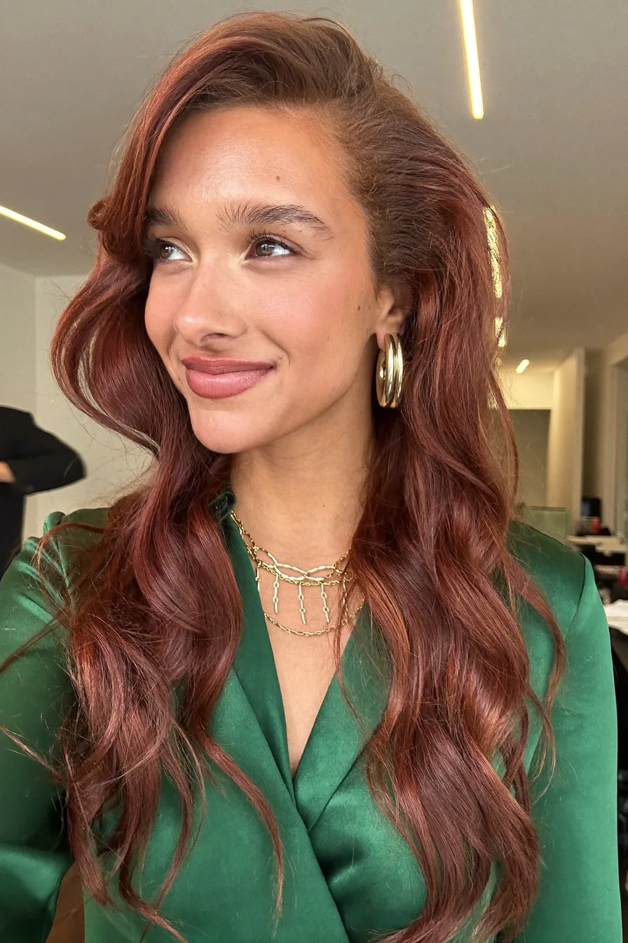 Voluminous Long Layers with Deep Side Part and Side-Swept Bangs