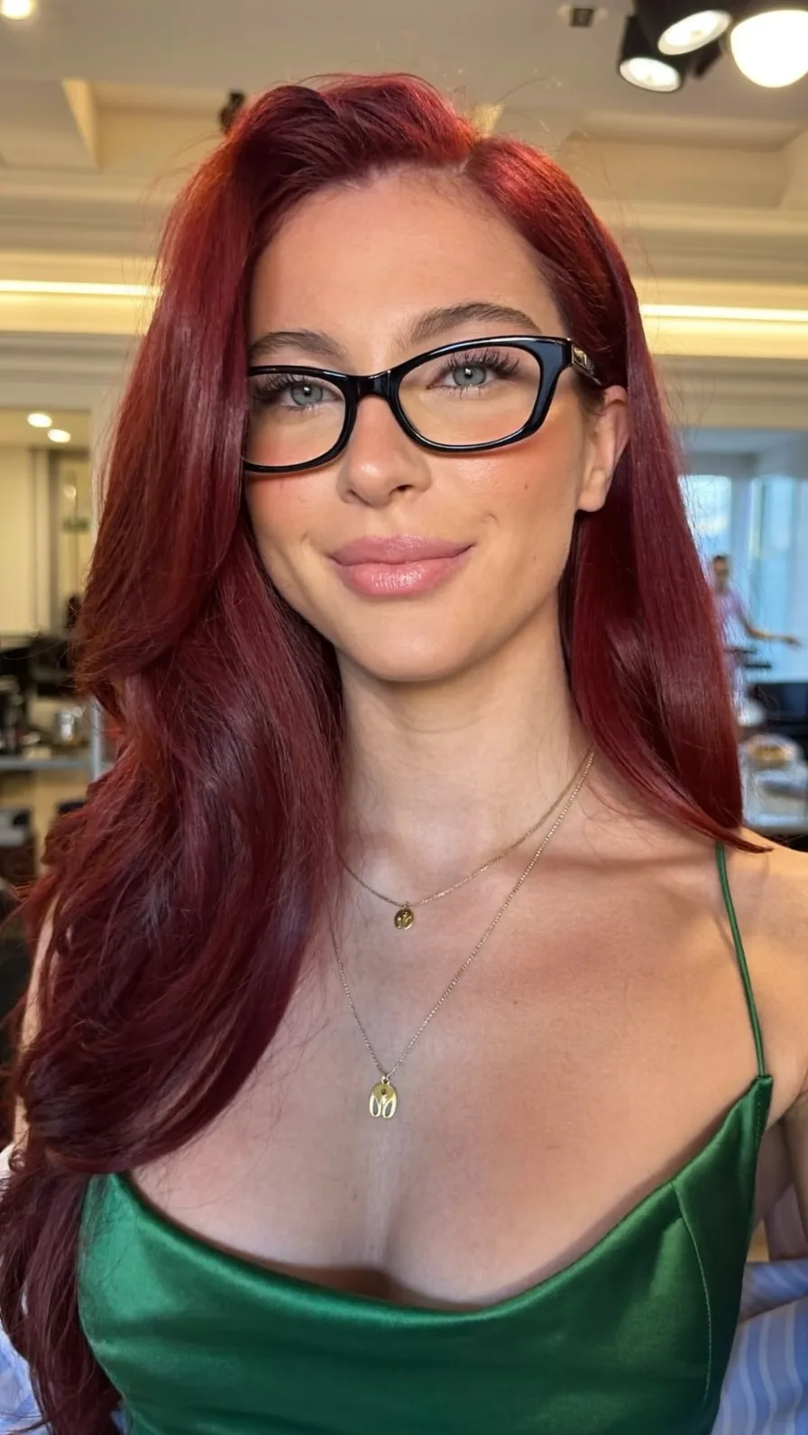 Classic Deep Auburn Long Layers with Flowing Side Part