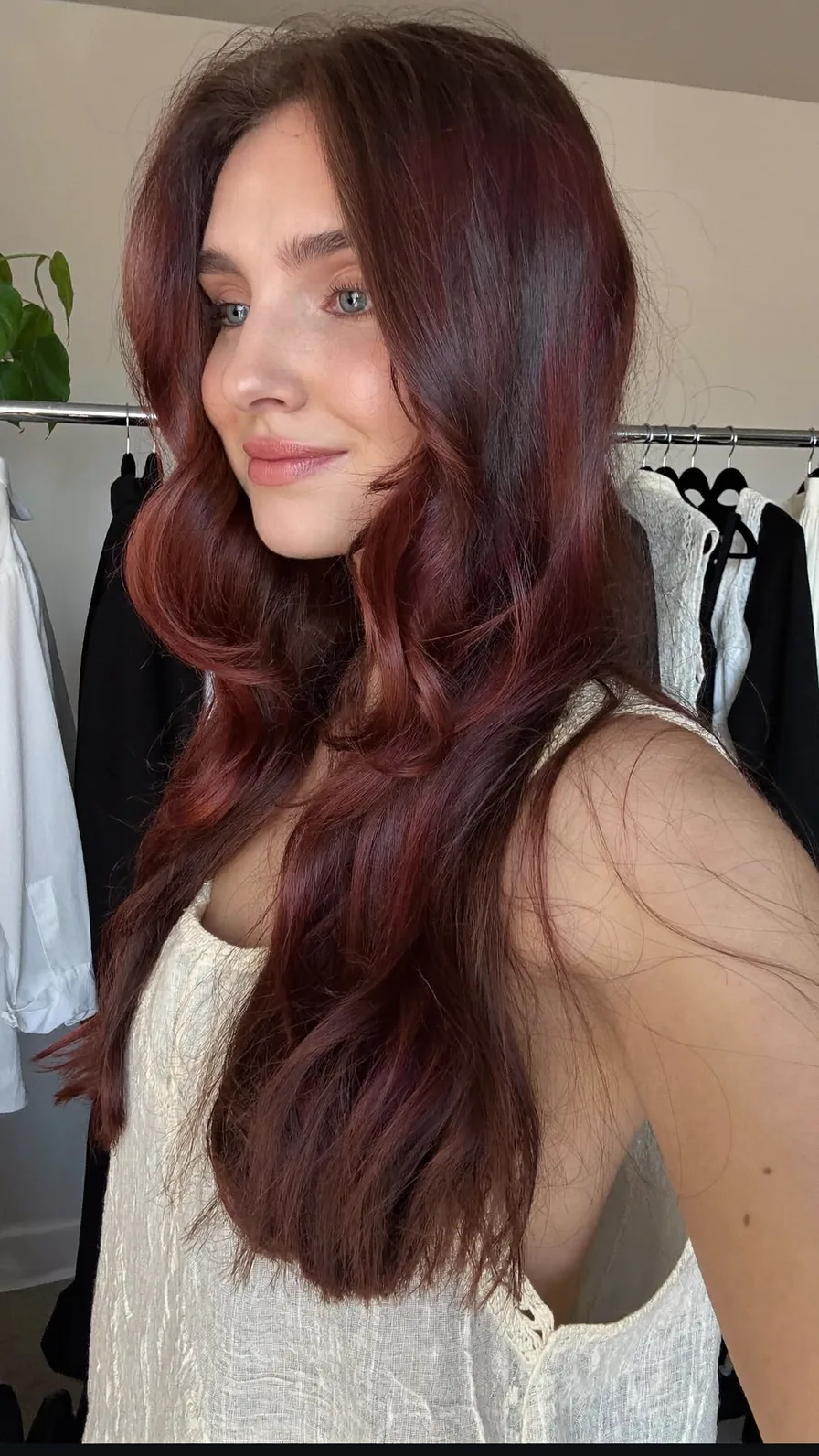 Long Flowing Auburn Waves with Center Curtain Bangs