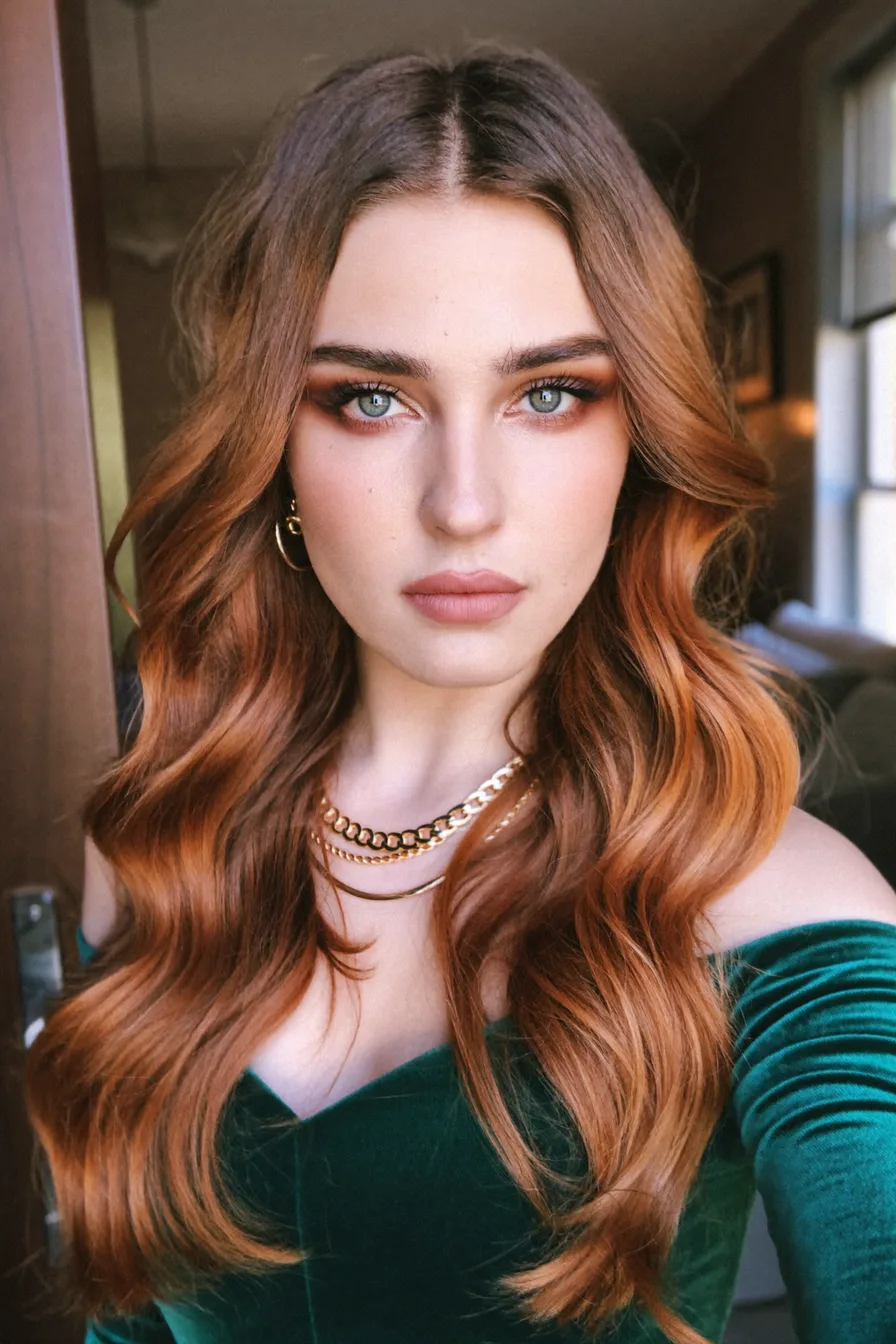 Elegant Warm Auburn Long Layers with Natural Flowing Waves