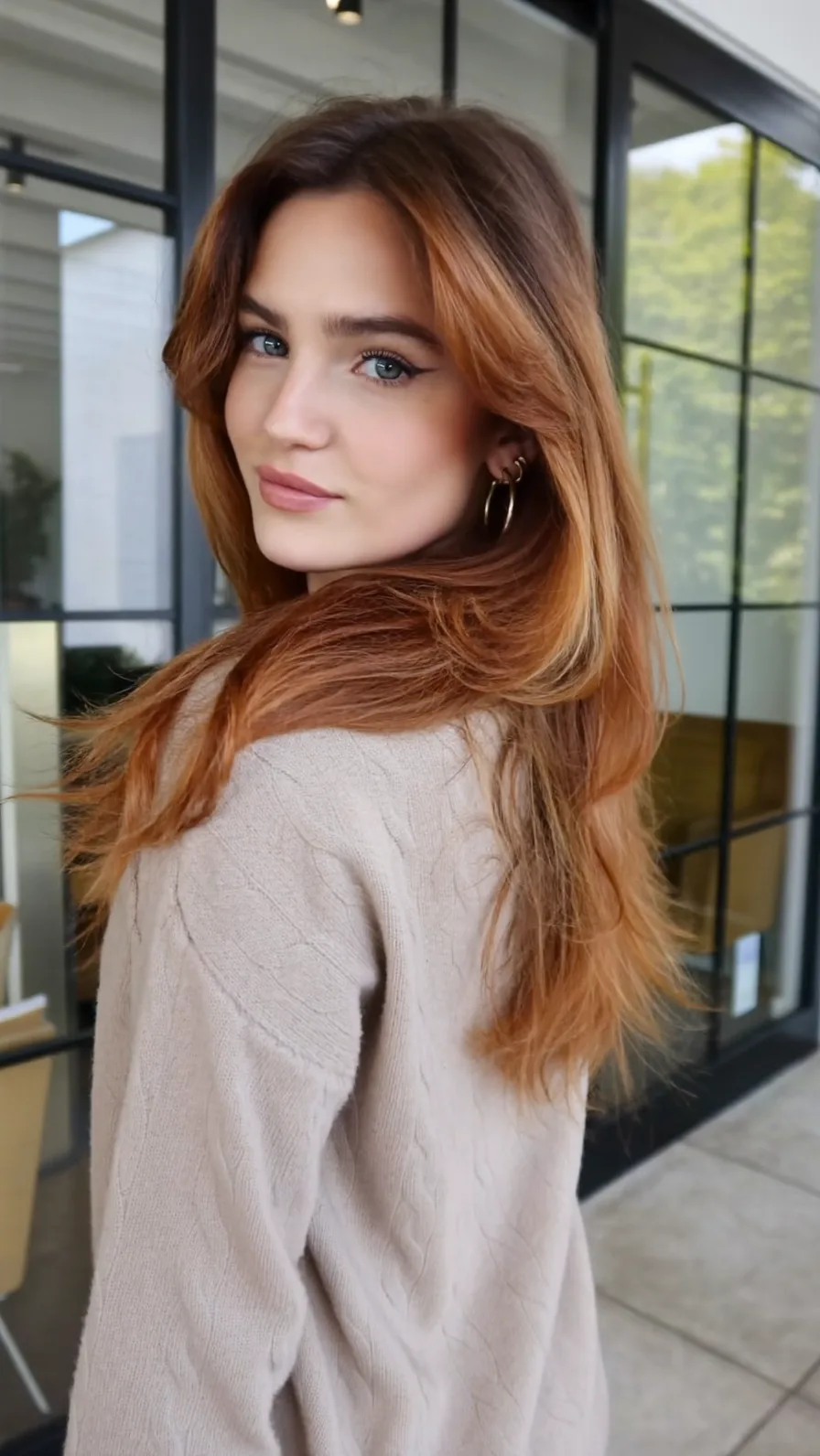 Long Copper Auburn Waves with Flowing Curtain Bangs