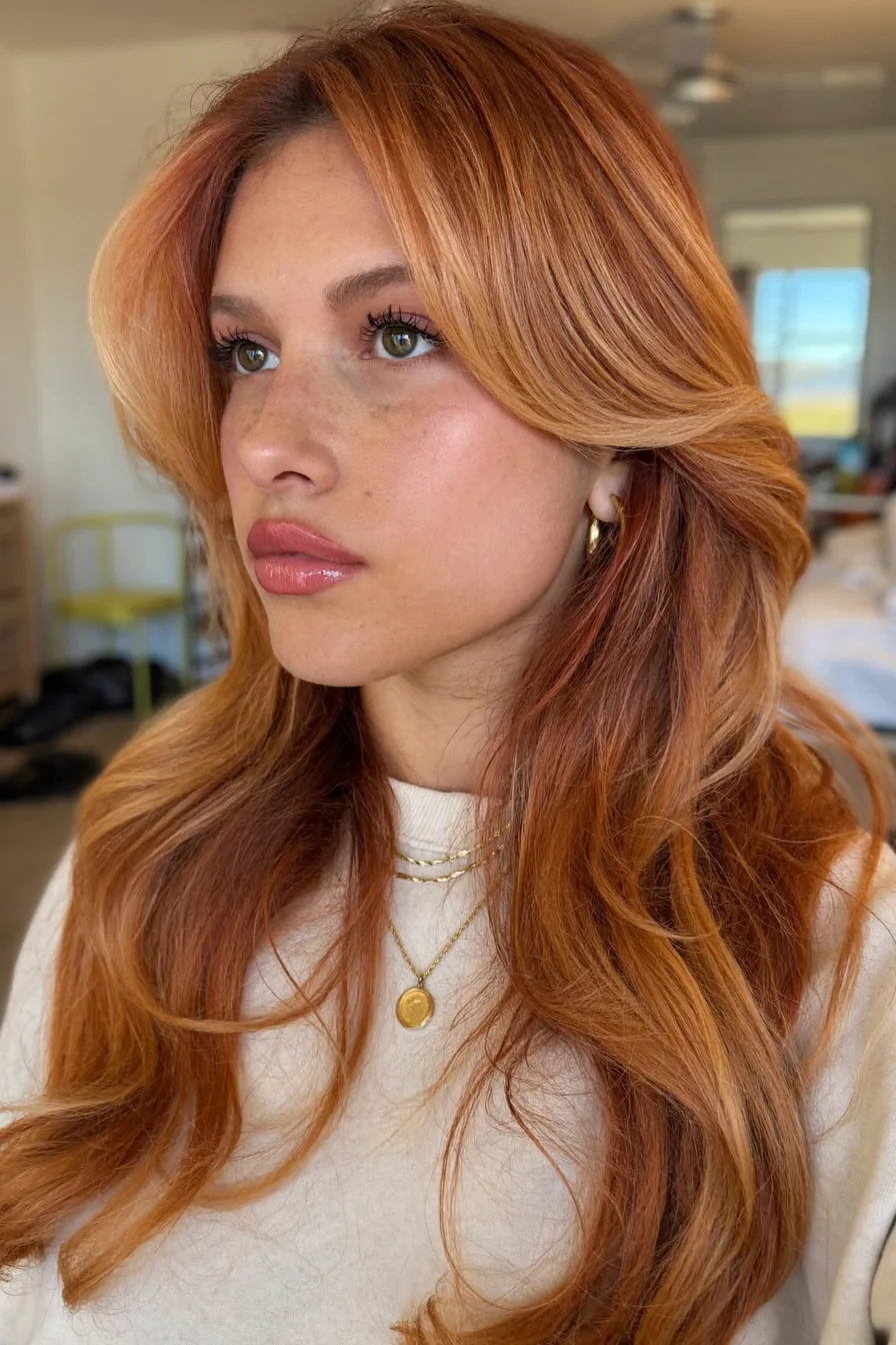 Modern Long Layered Copper Hair with Flowing Curtain Bangs