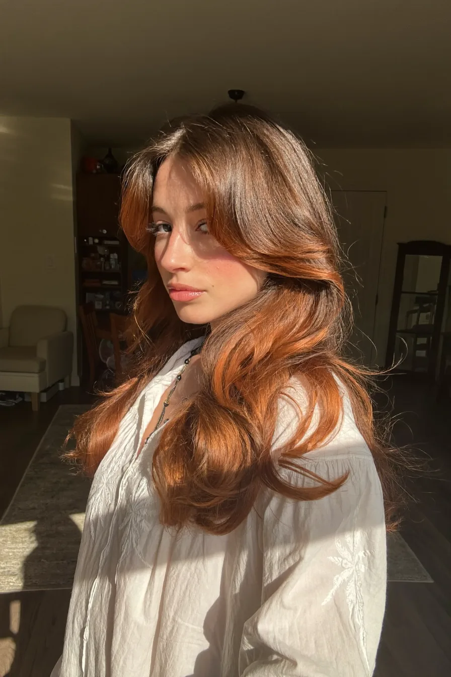 Elegant Warm Auburn Long Layers with Flowing Curtain Bangs