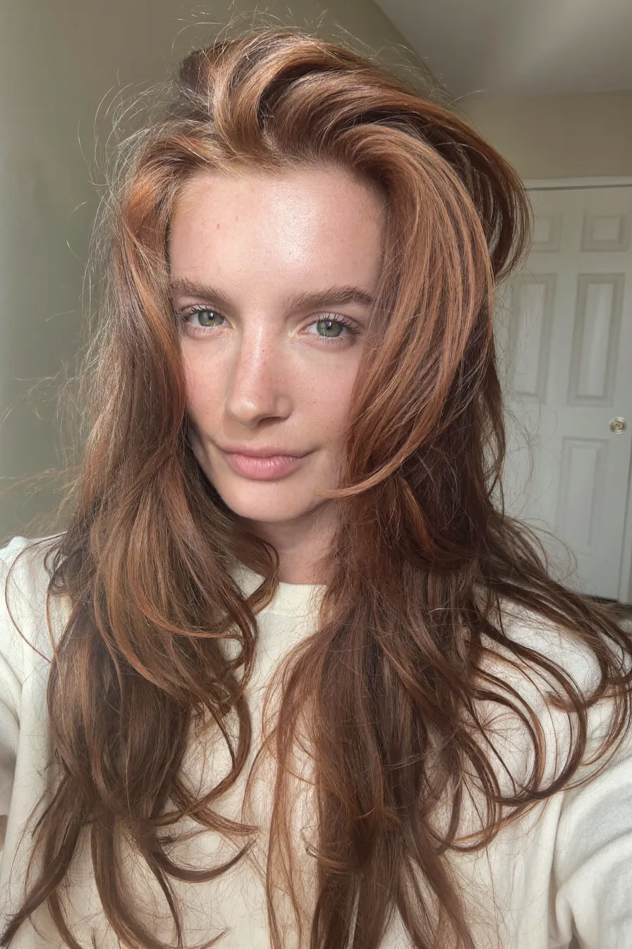 Voluminous Long Layers with Warm Auburn Natural Waves