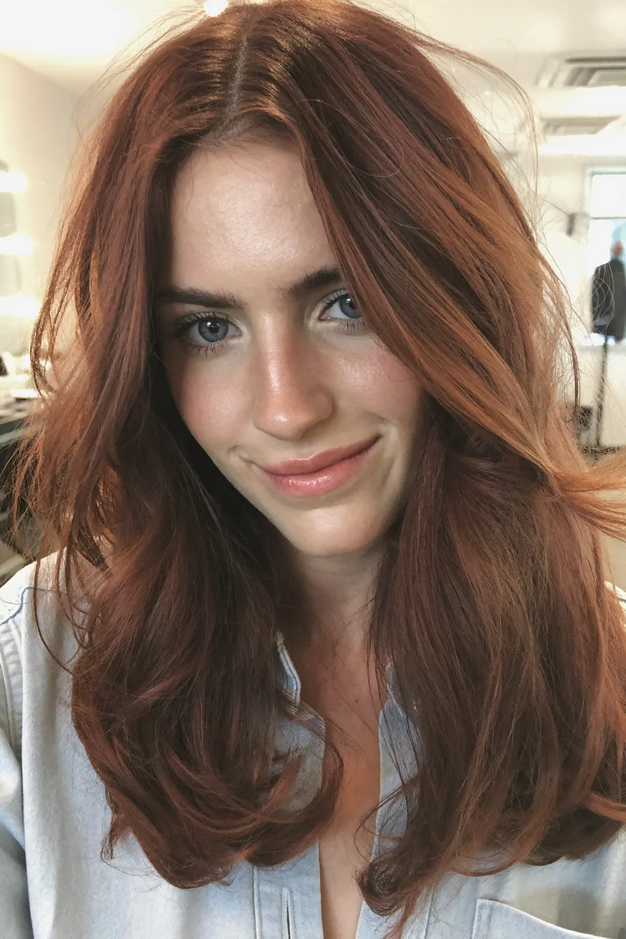 Voluminous Rich Auburn Long Layers with Center Part