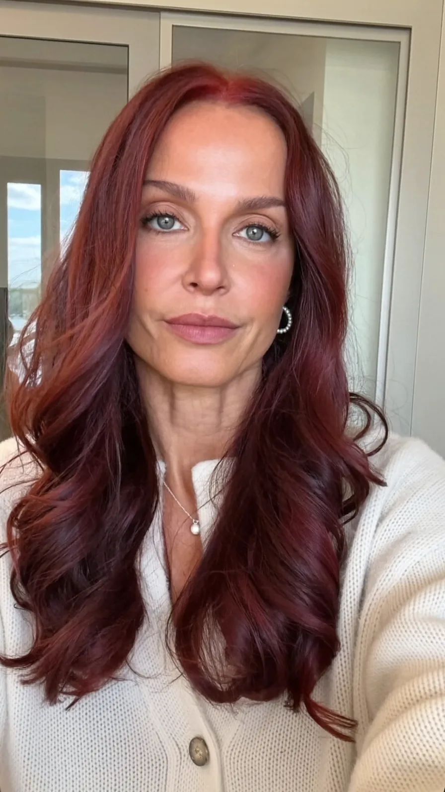 Classic Long Layered Auburn Waves with Center Part