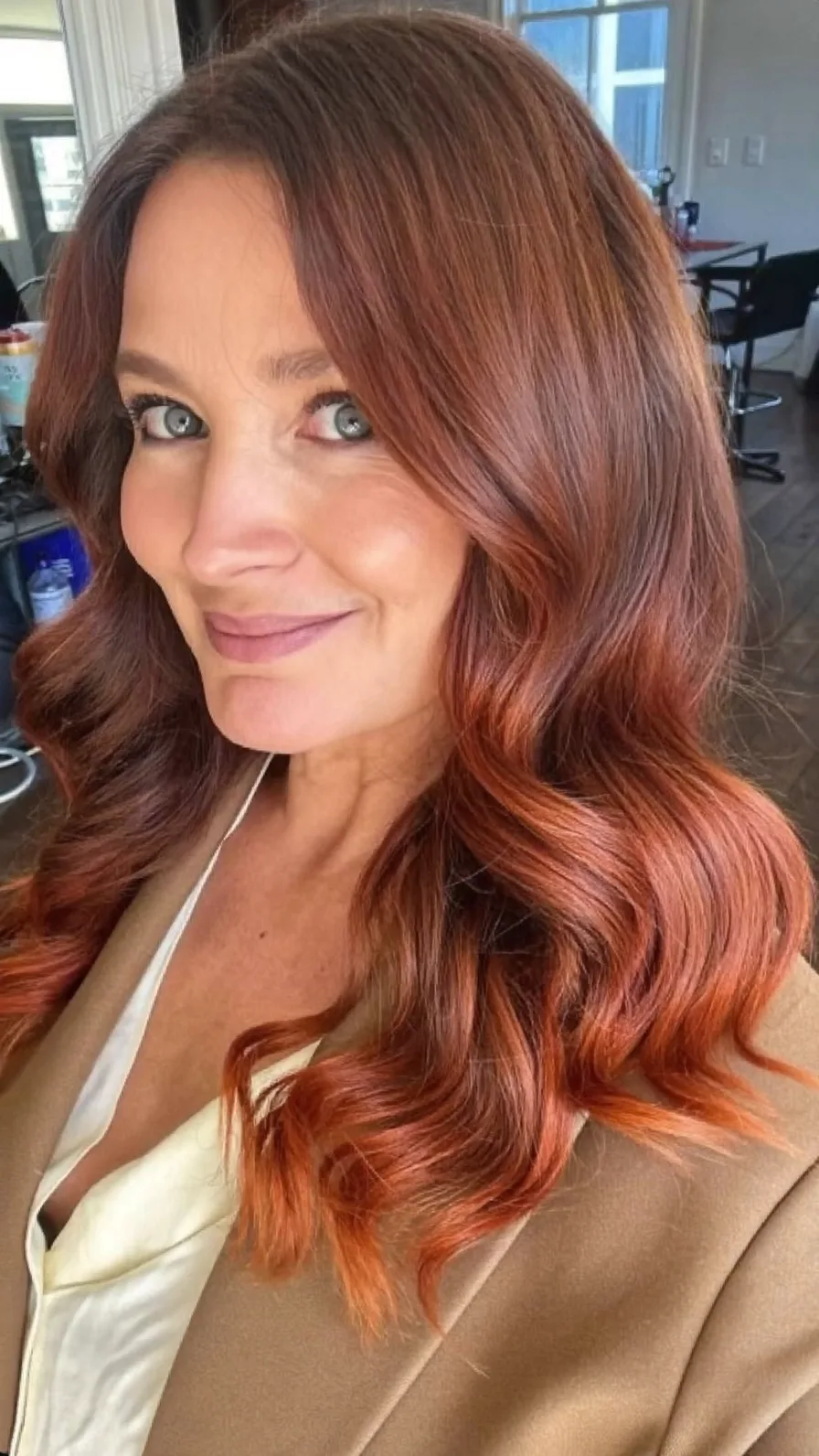 Rich Copper Auburn Long Layered Soft Waves Hairstyle