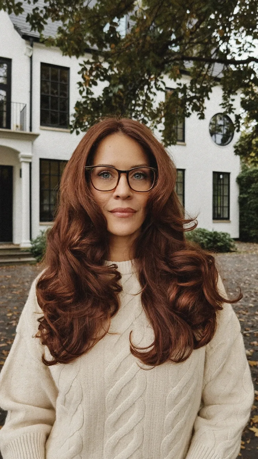 Voluminous Long Layered Auburn Waves with Center Part