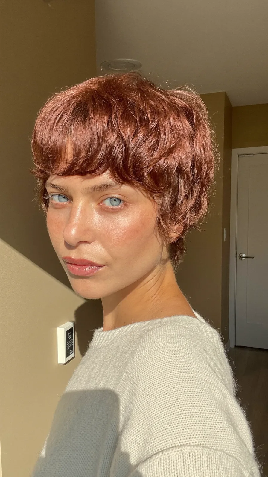 Textured Auburn Pixie with Blunt Choppy Bangs