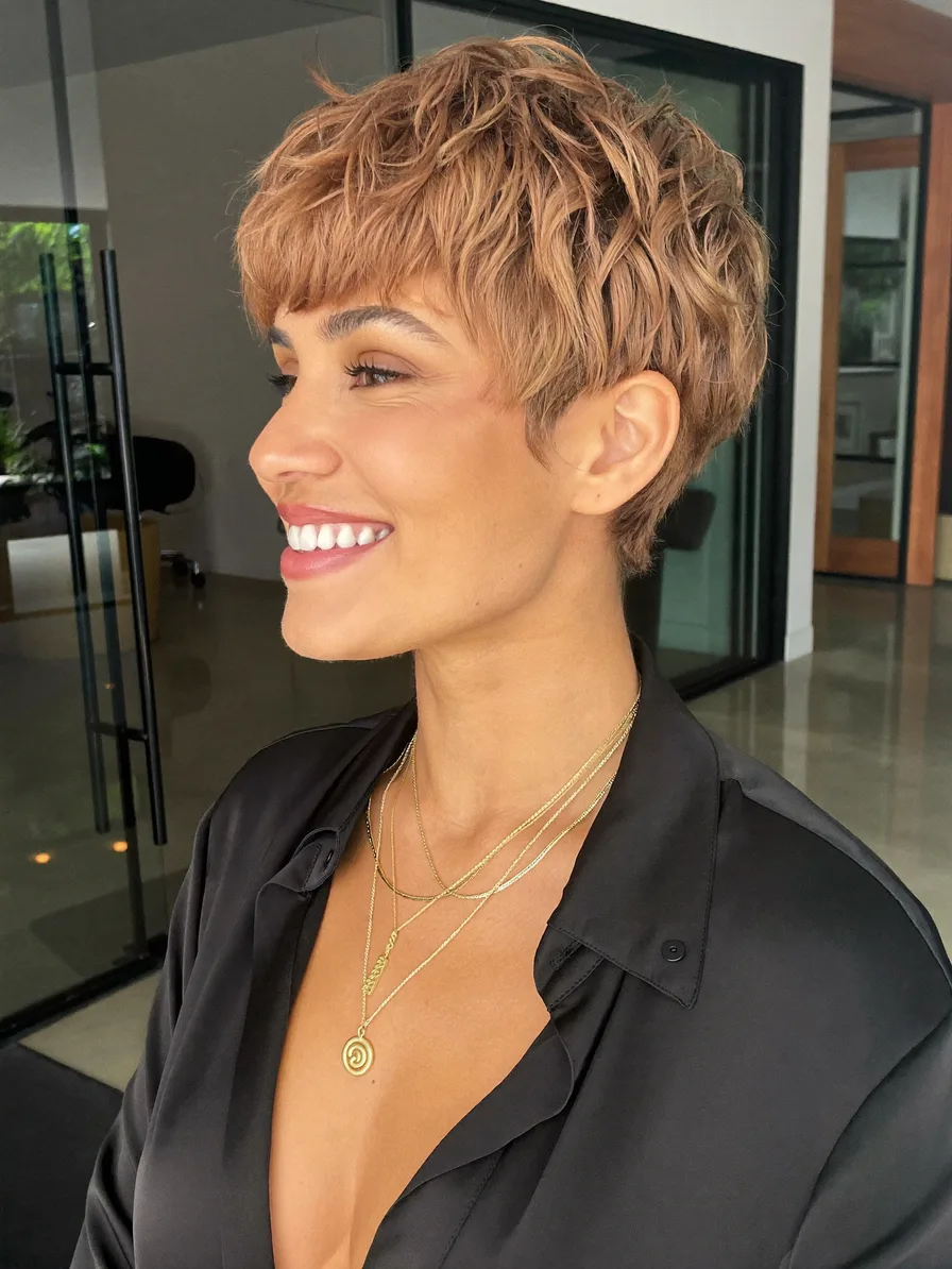 Modern Textured Pixie Cut with Blunt Bangs and Warm Tone