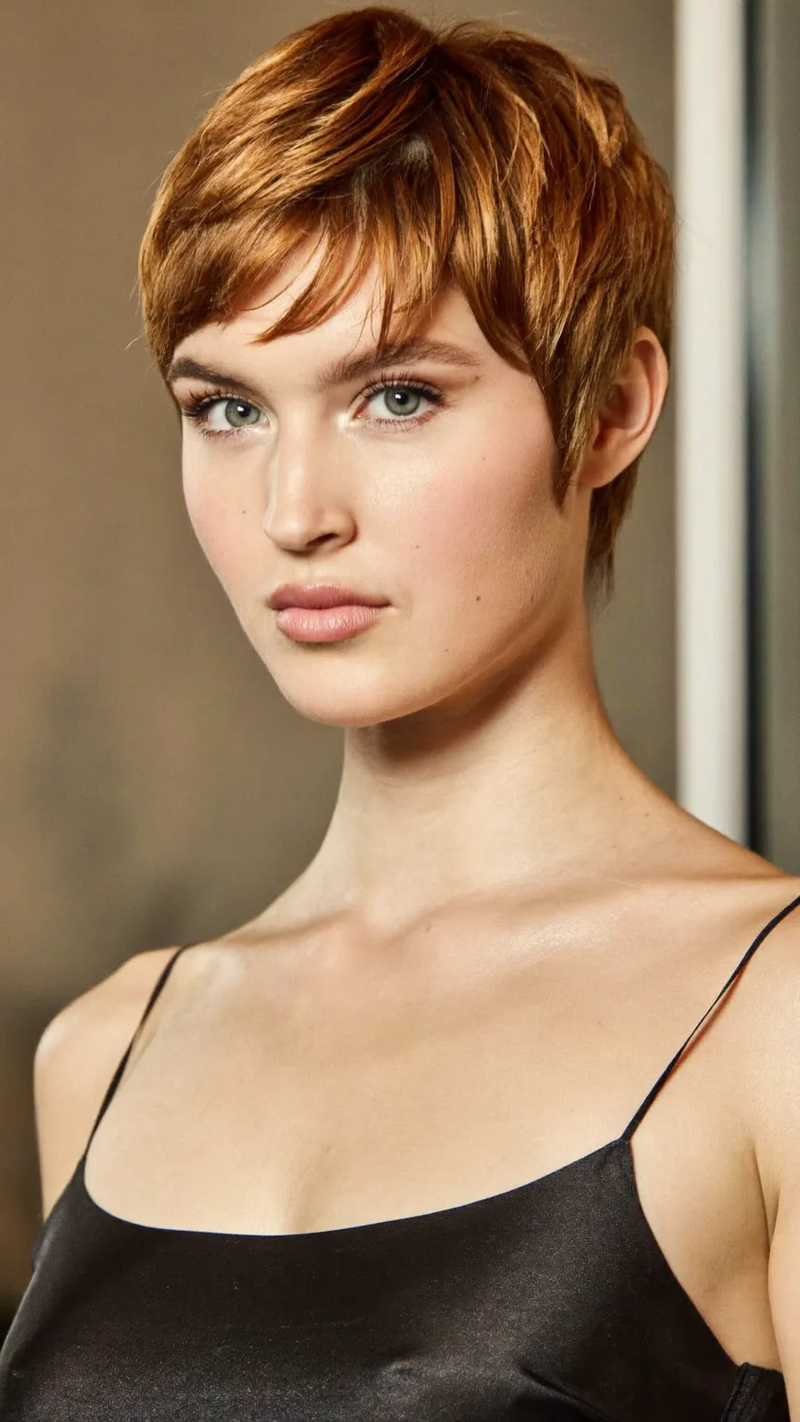 Textured Warm Copper Auburn Choppy Pixie Cut with Wispy Bangs