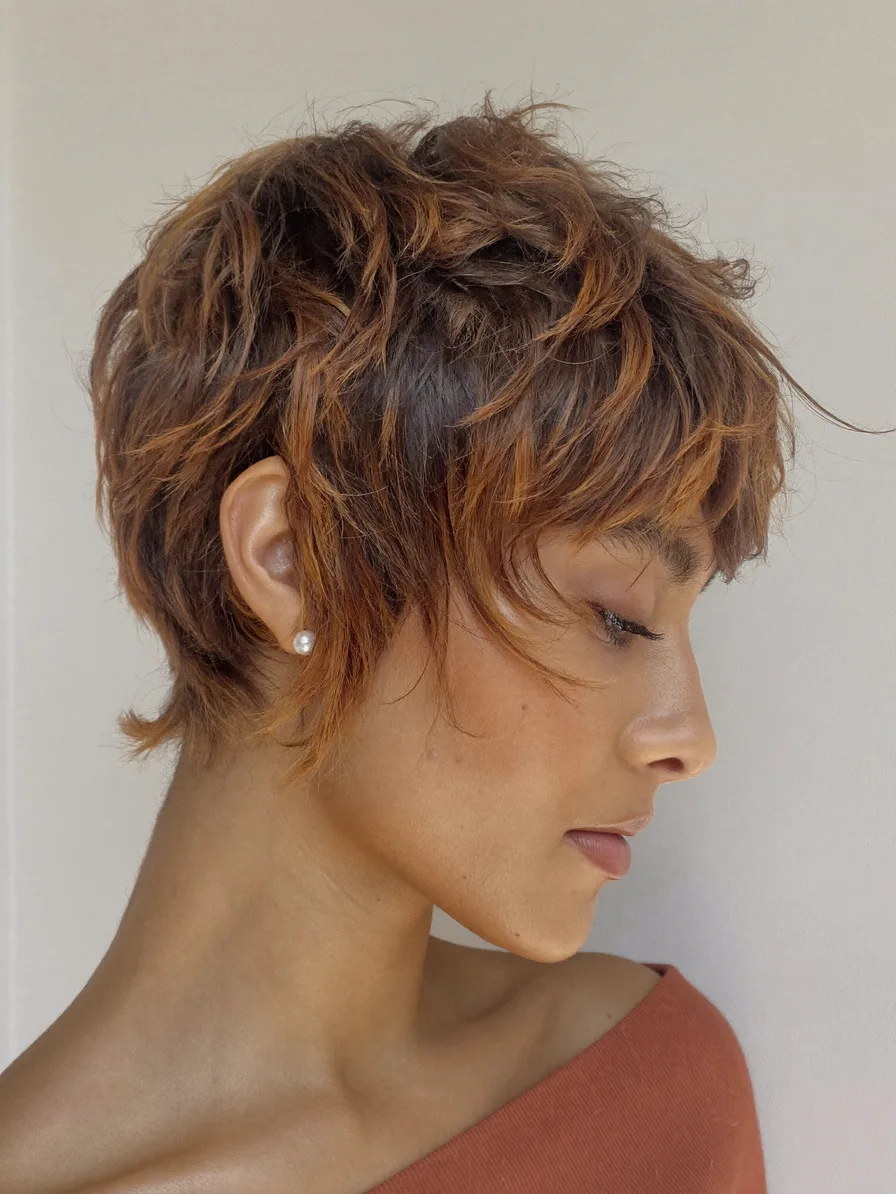 Textured Pixie Cut with Multi-Dimensional Auburn Highlights