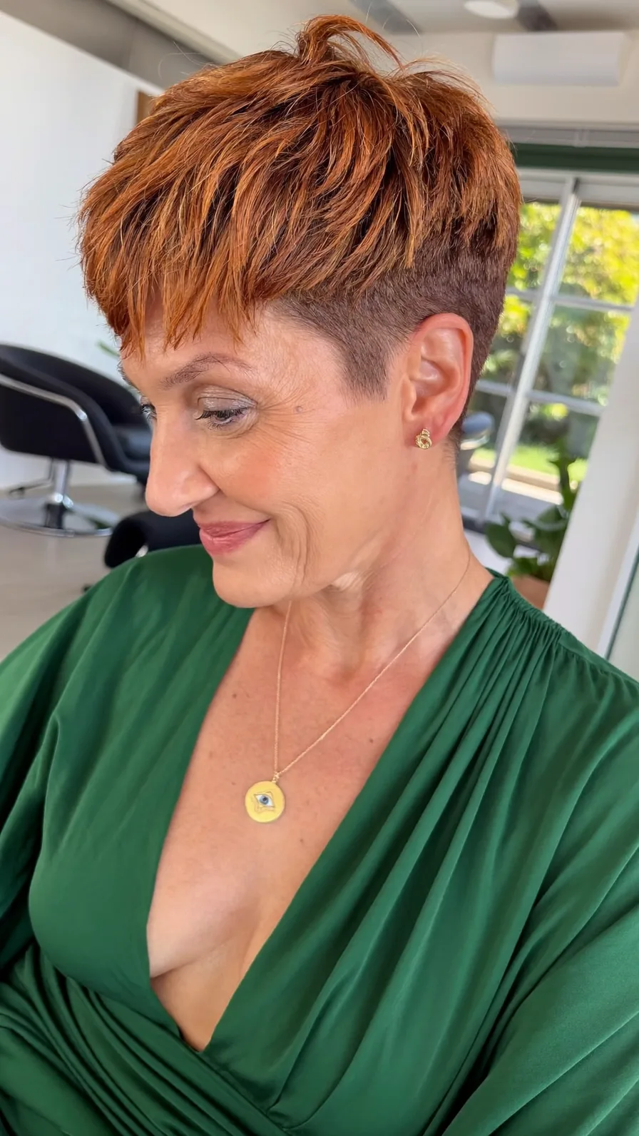 Textured Copper Pixie Cut with Side Swept Bangs
