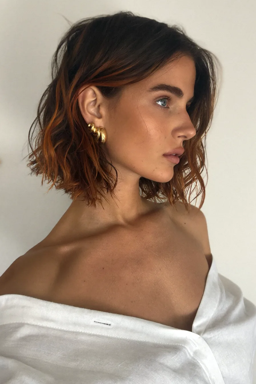 Textured Auburn Red Bob with Effortless Lived-In Waves
