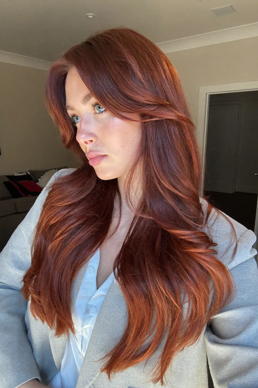 Long Layered Auburn Red Waves with Face-Framing Highlights