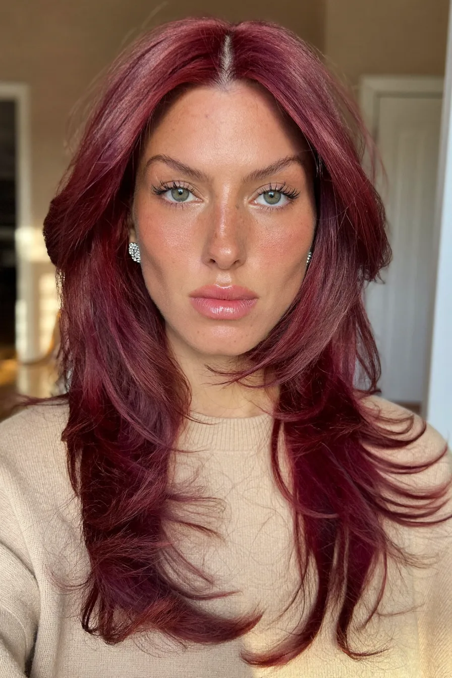 Layered Auburn Red Blowout with Face-Framing Pieces
