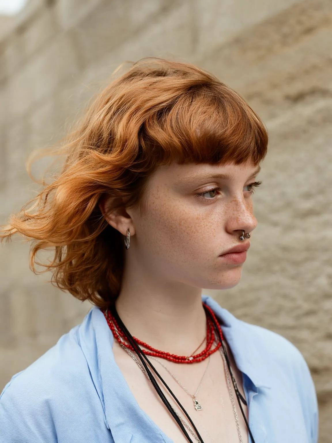 Chin-Length Copper Auburn Shag with Blunt Bangs