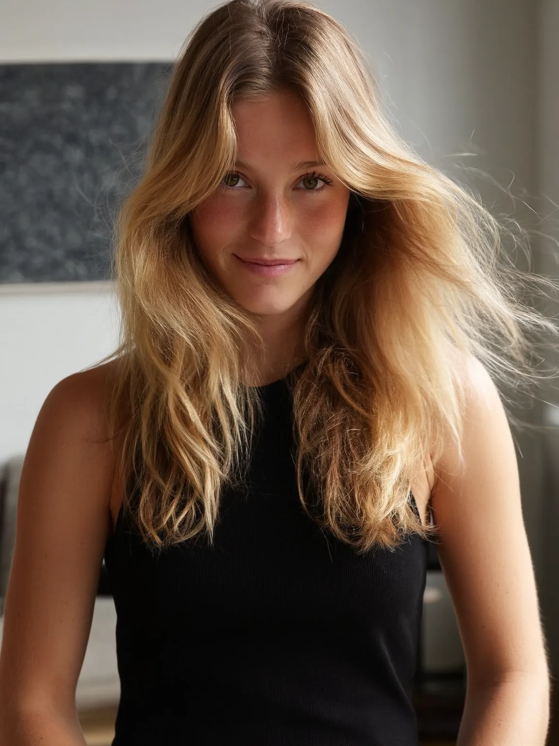 Medium Sandy Blonde Layered Cut with Curtain Bangs